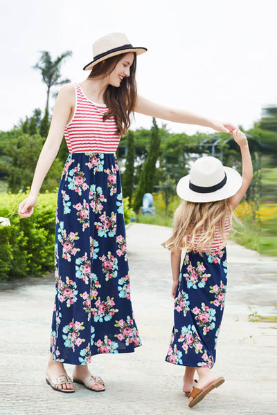FLORAL - Women Striped Floral Sleeveless Dress - Mommy & Me - womens dress at TFC&H Co.