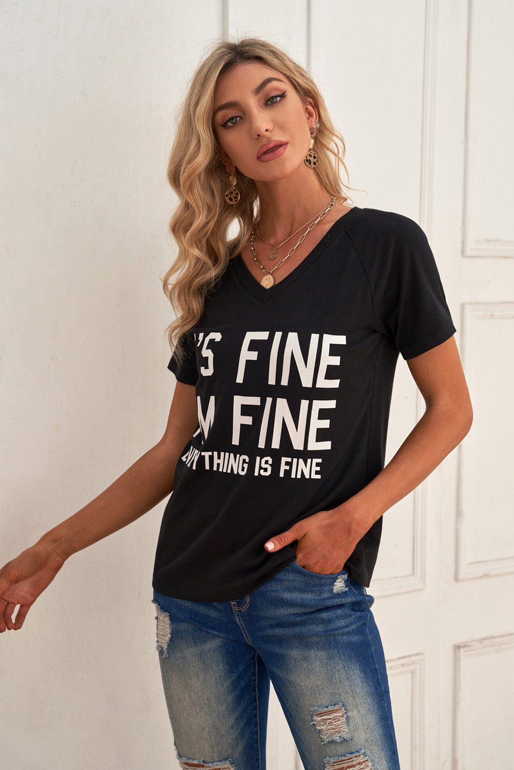 - Slogan Graphic V-Neck Short Raglan Sleeve Tee - womens t-shirt at TFC&H Co.