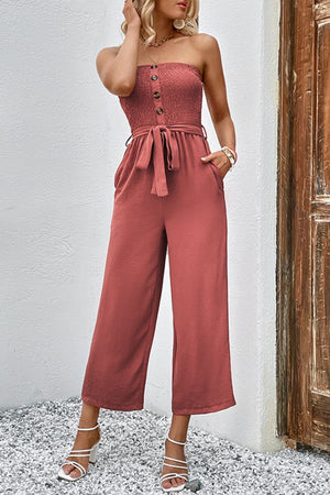 - Decorative Button Strapless Smocked Jumpsuit with Pockets - womens jumpsuit at TFC&H Co.