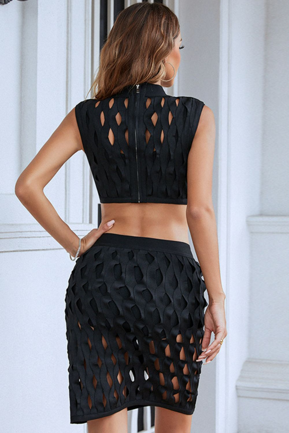 Openwork Cropped Top and Skirt Set - 2 colors - women's skirt set at TFC&H Co.