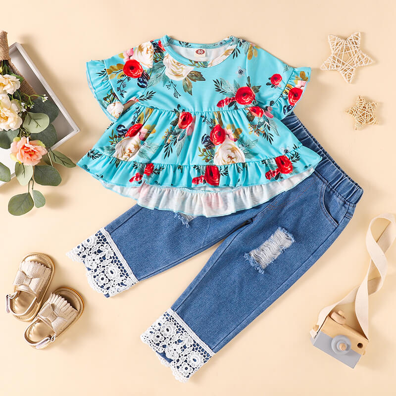 SKY BLUE Girls Floral Round Neck Top and Lace Trim Distressed Jeans Set - 3 colors - toddler's pants set at TFC&H Co.
