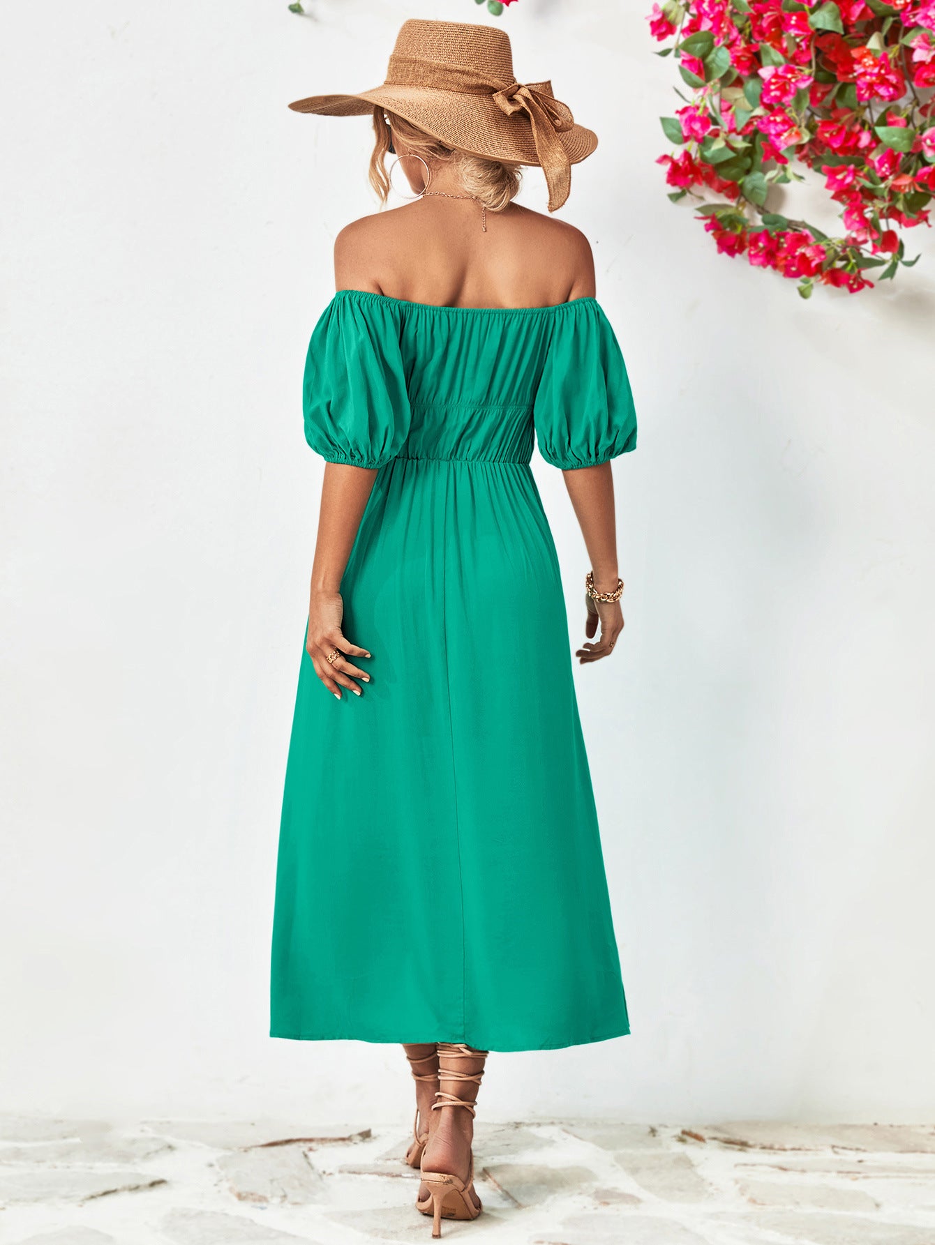 - Off-Shoulder Balloon Sleeve Midi Dress - colors - womens dress at TFC&H Co.