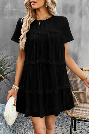 BLACK - Frill Trim Spliced Mesh Mini Dress - 4 colors - womens dress at TFC&H Co.