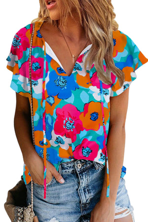 Multicolor Floral Print Drawstring V Neck Blouse - women's blouse at TFC&H Co.