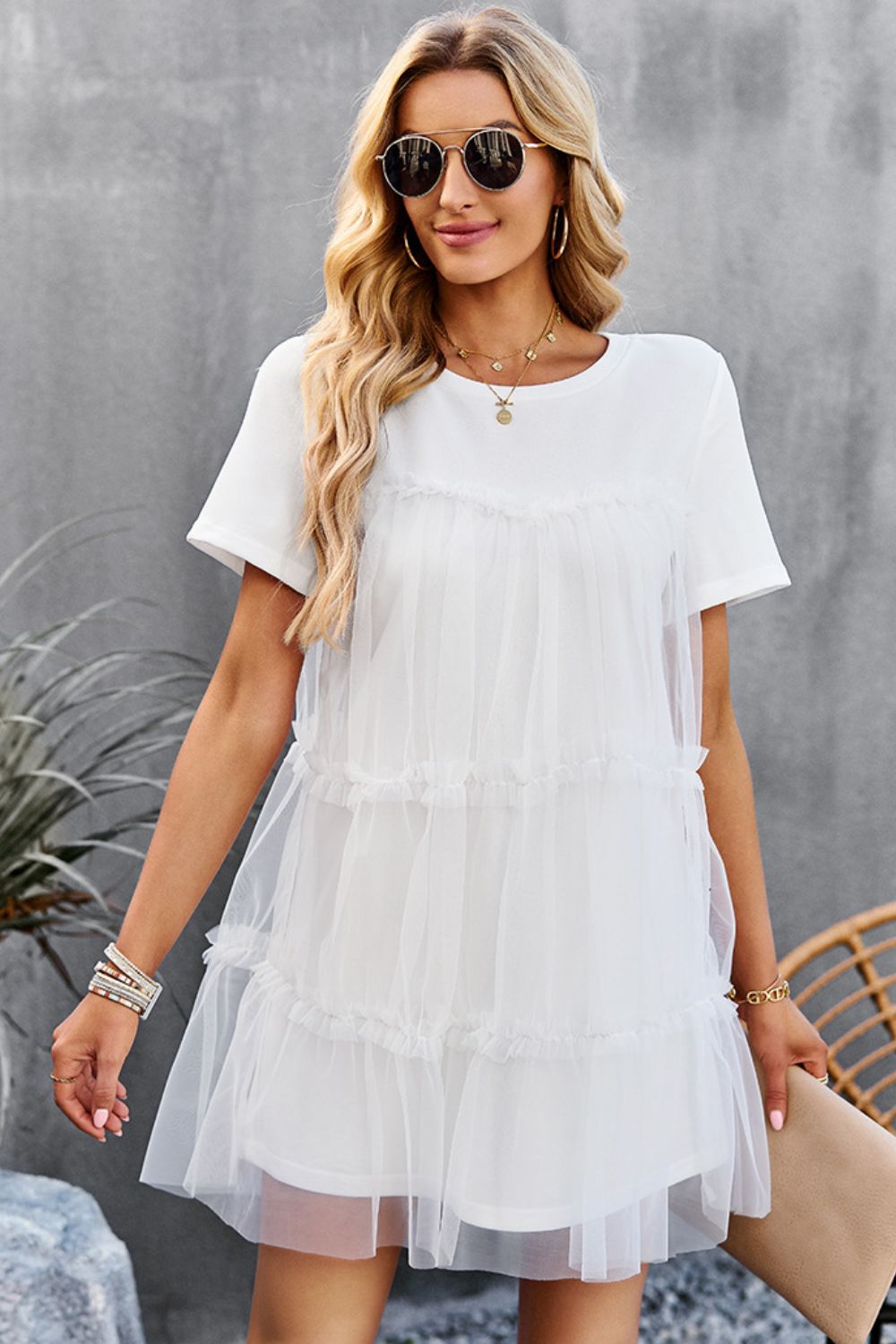 WHITE - Frill Trim Spliced Mesh Mini Dress - 4 colors - womens dress at TFC&H Co.