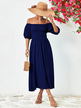 DARK NAVY - Off-Shoulder Balloon Sleeve Midi Dress - colors - womens dress at TFC&H Co.