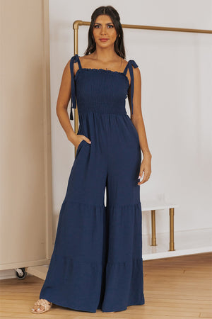 Tie Straps Shirred Casual Tiered Wide Leg Jumpsuit - Jumpsuits & Rompers at TFC&H Co.