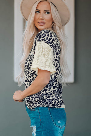 Leopard Print Lace Sleeve Round Neck Tee - women's shirt at TFC&H Co.