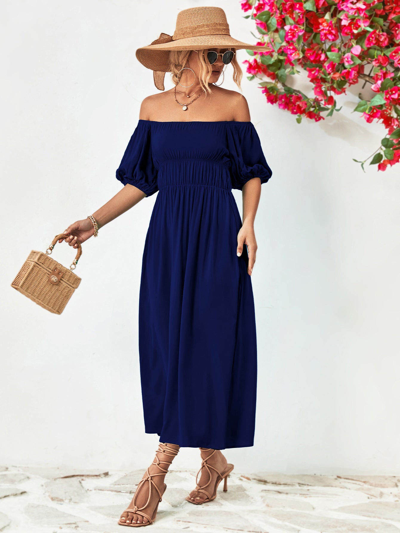 - Off-Shoulder Balloon Sleeve Midi Dress - colors - womens dress at TFC&H Co.