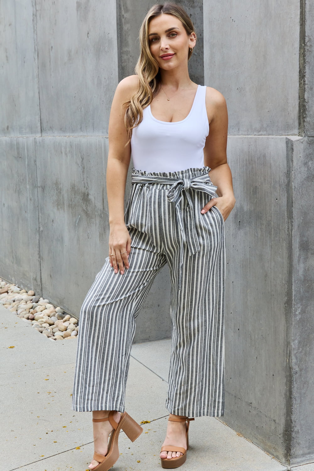 - Heimish Find Your Path Full Size Paperbag Waist Striped Culotte Pants - womens pants at TFC&H Co.