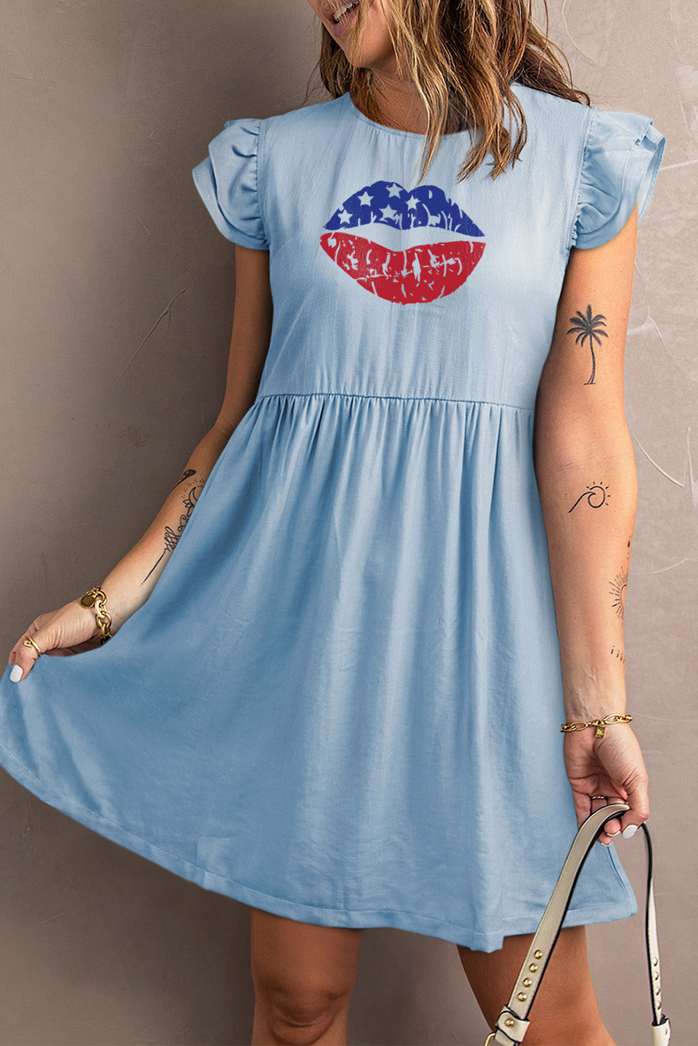SKY BLUE 100%POLYESTER Lip Print Ruffle Sleeveless Short Dress - women's dress at TFC&H Co.