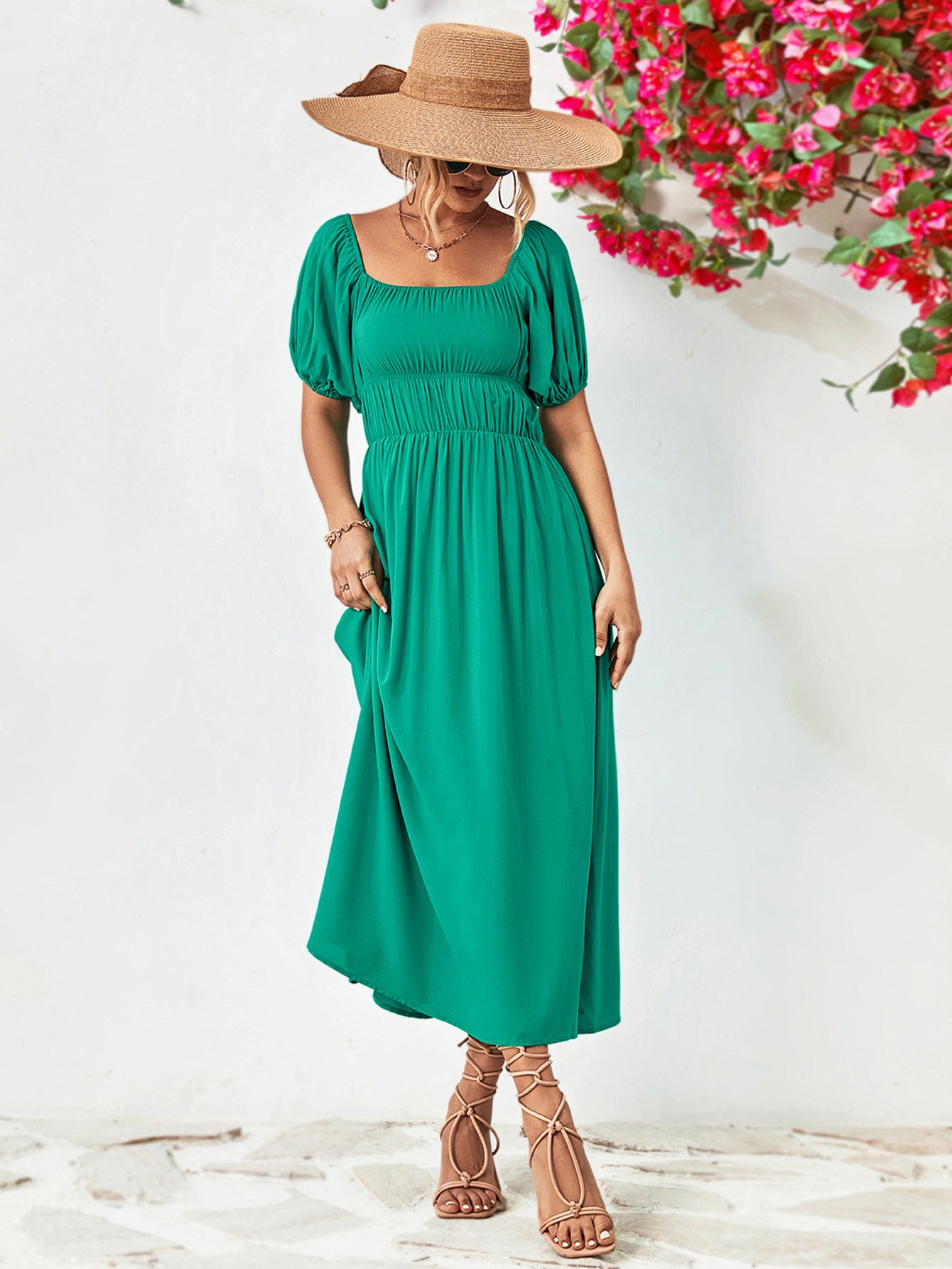 - Off-Shoulder Balloon Sleeve Midi Dress - colors - womens dress at TFC&H Co.