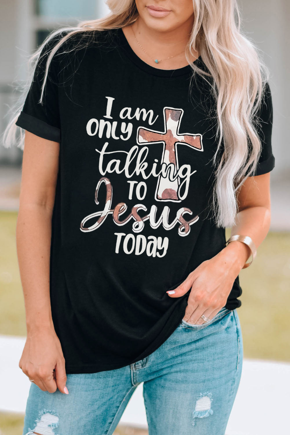 BLACK Faith Slogan Graphic Round Neck Cuffed Tee - women's t-shirt at TFC&H Co.