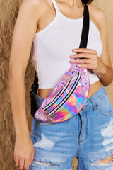 Hot Pink One Size Fame Good Vibrations Holographic Double Zipper Fanny Pack in Hot Pink - sling bag at TFC&H Co.