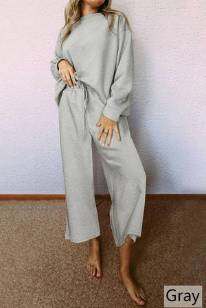 - Relaxed Fit Embossed Print Knit Outfit Set - 2 colors - Womens Pants Sets at TFC&H Co.