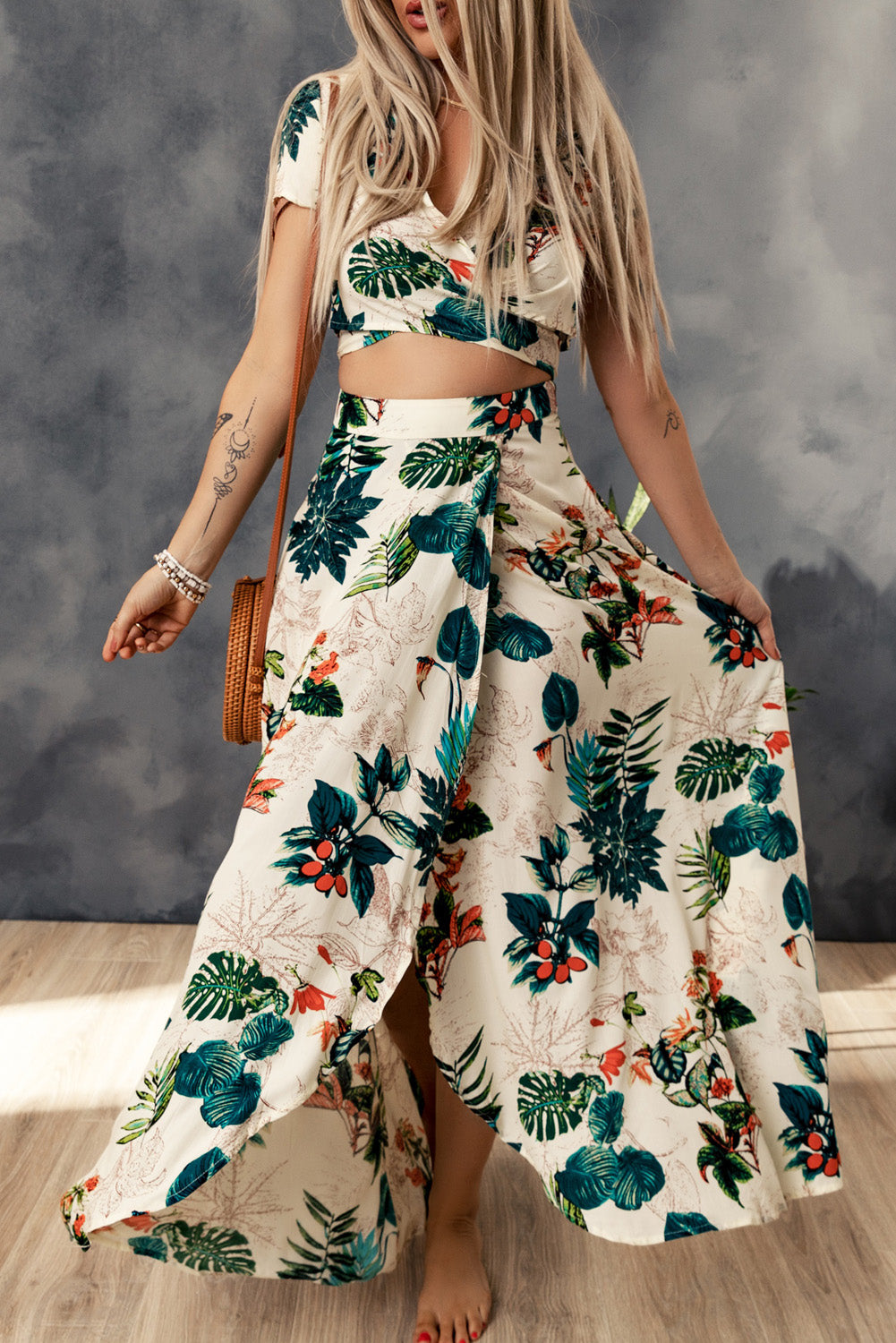 APRICOT XL - Tropical Print Crop Top and Maxi Skirt Set - womens skirt set at TFC&H Co.