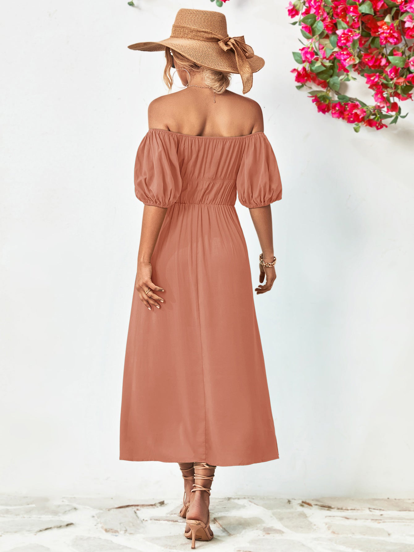 - Off-Shoulder Balloon Sleeve Midi Dress - colors - womens dress at TFC&H Co.