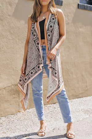 Printed Open Front Sleeveless Cardigan - women's cardigan at TFC&H Co.
