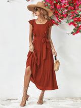 BRICK RED Tie Belt Ruffled Tiered Dress - 2 colors - women's dress at TFC&H Co.