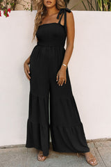 BLACK 100%POLYESTER Tie Straps Shirred Casual Tiered Wide Leg Jumpsuit - Jumpsuits & Rompers at TFC&H Co.