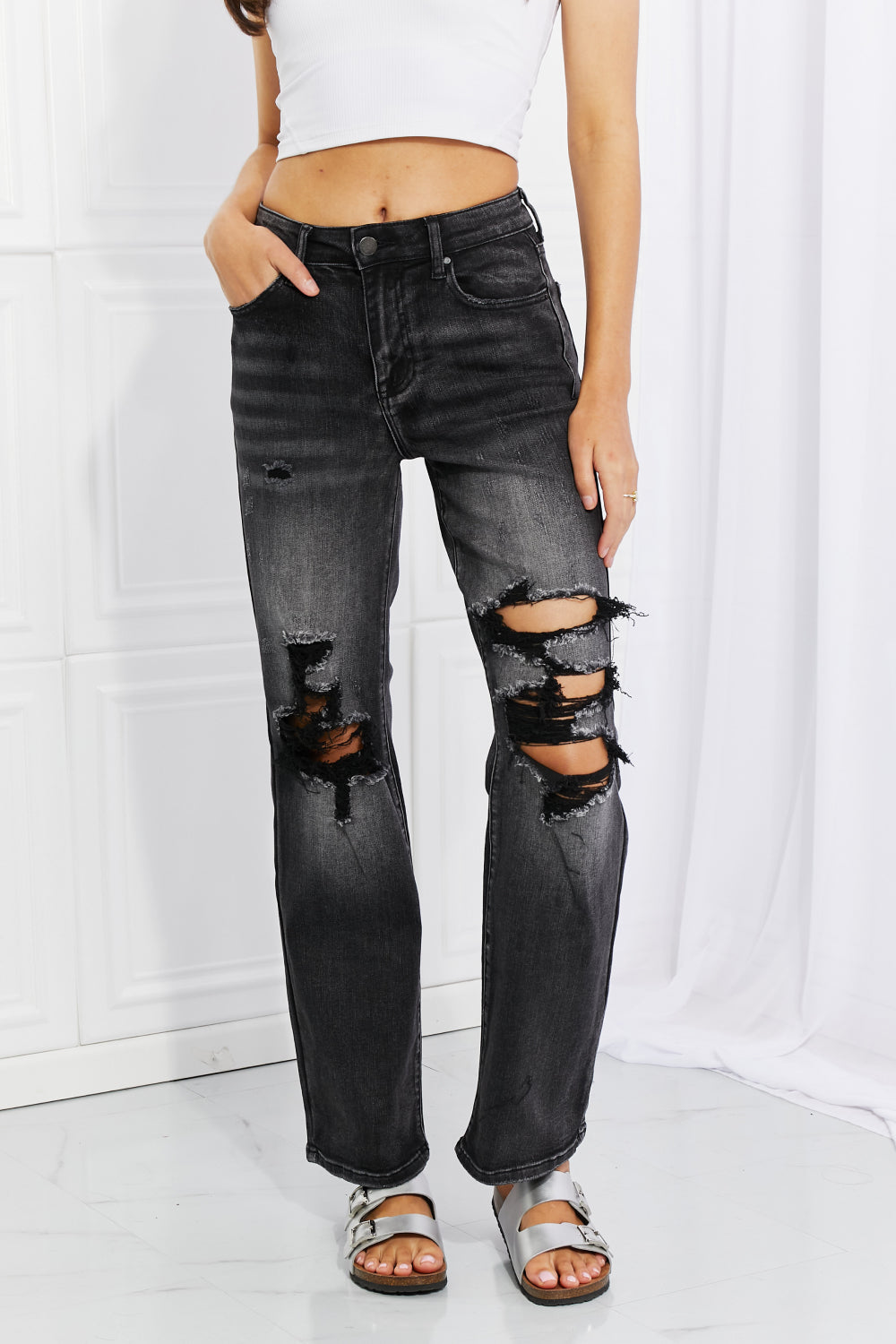 BLACK - RISEN Full Size Lois Distressed Loose Fit Jeans - Ships from The USA - womens jeans at TFC&H Co.