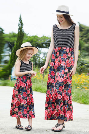 - Women Striped Floral Spliced Dress - Mommy & Me - womens dress at TFC&H Co.