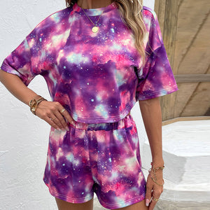 Tie Dye Round Neck Dropped Shoulder Half Sleeve Top and Shorts Set - women's short set at TFC&H Co.