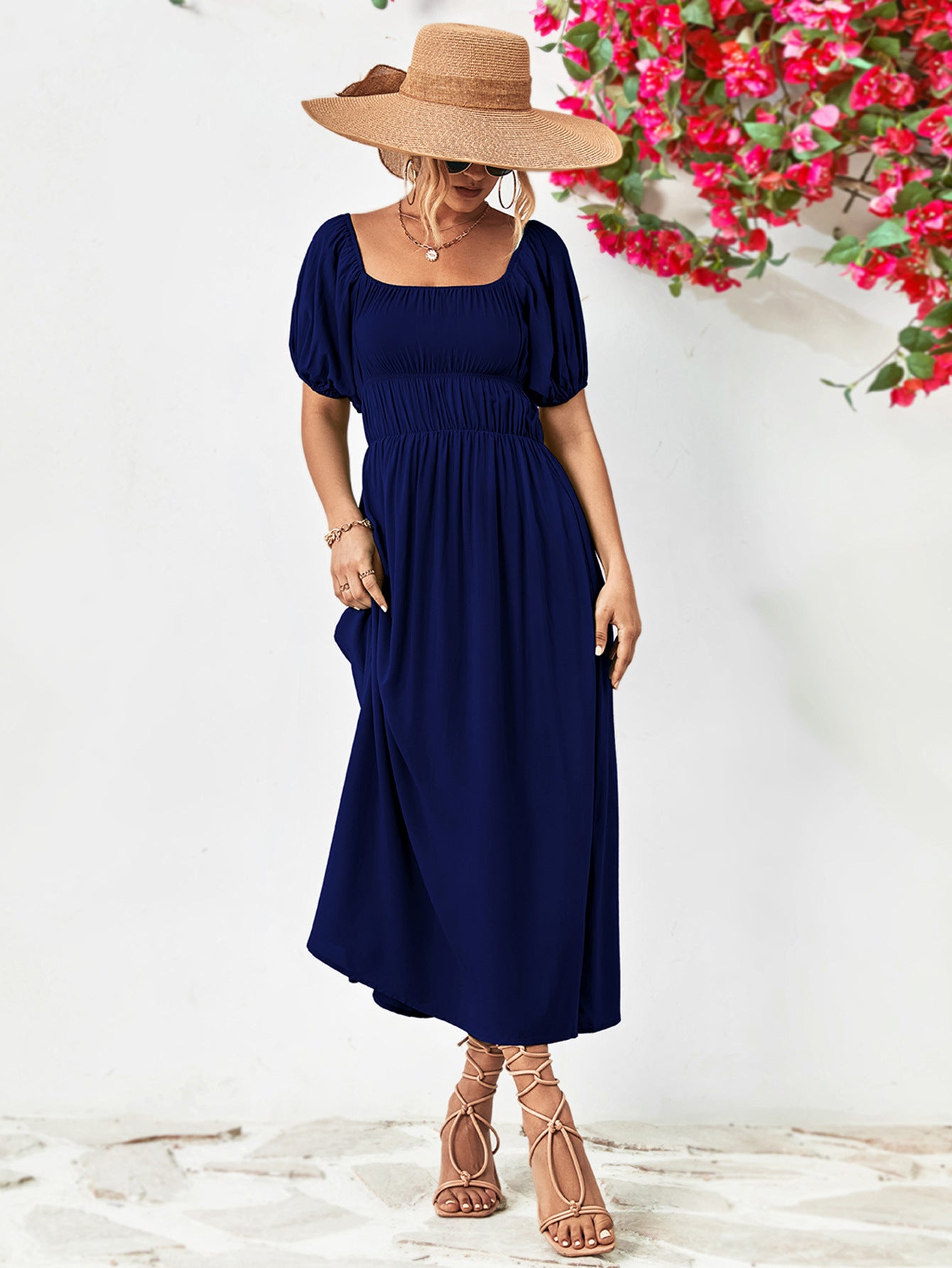 - Off-Shoulder Balloon Sleeve Midi Dress - colors - womens dress at TFC&H Co.