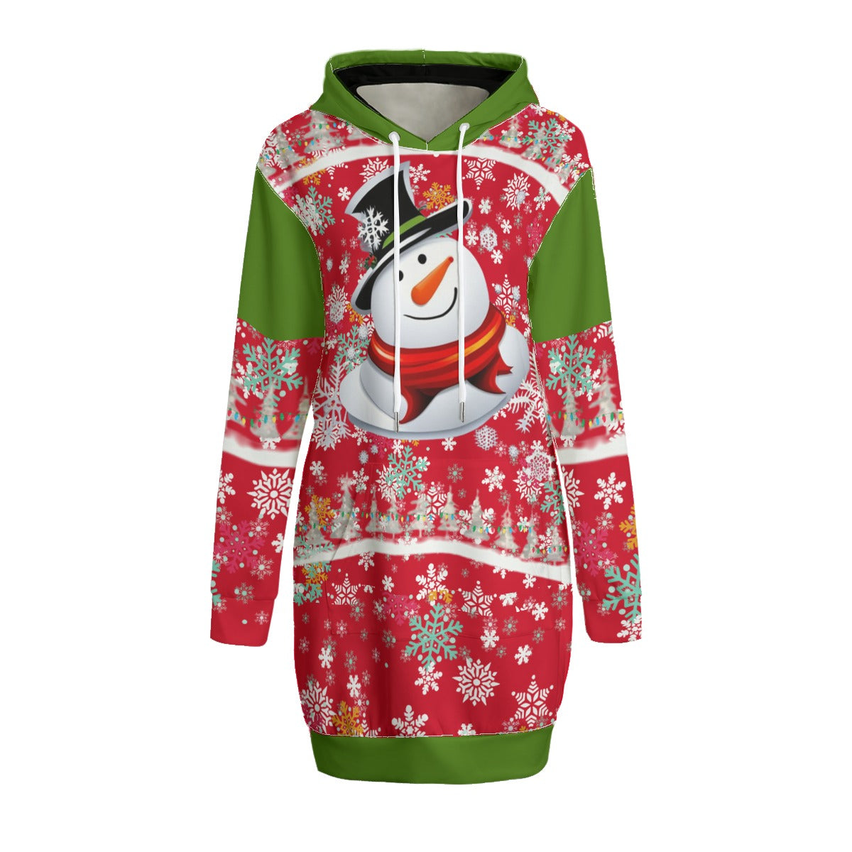 Red/Green Snow Man's Delight Women's Long Christmas Hoodie | Interlock - women's hoodie dress at TFC&H Co.