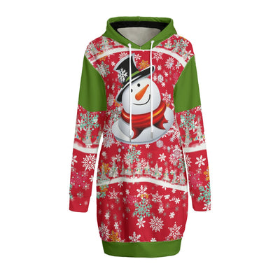 Red/Green - Snow Man's Delight Women's Long Christmas Hoodie | Interlock - womens hoodie dress at TFC&H Co.