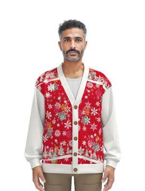 White/Red Snow Man's Delight Unisex V-neck Knitted Hacci Fleece Christmas Cardigan With Button Closure - unisex cardigan at TFC&H Co.
