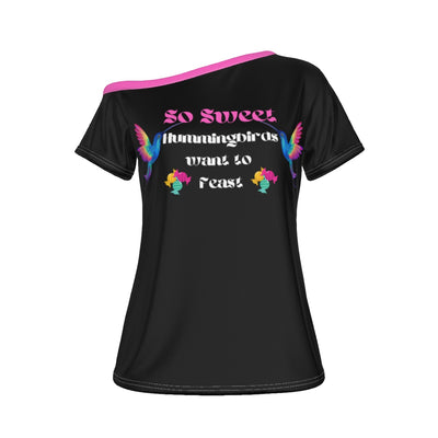 BLACK/PINK So Sweet Women's Off-Shoulder Pink Collar T-shirt - women's t-shirt at TFC&H Co.