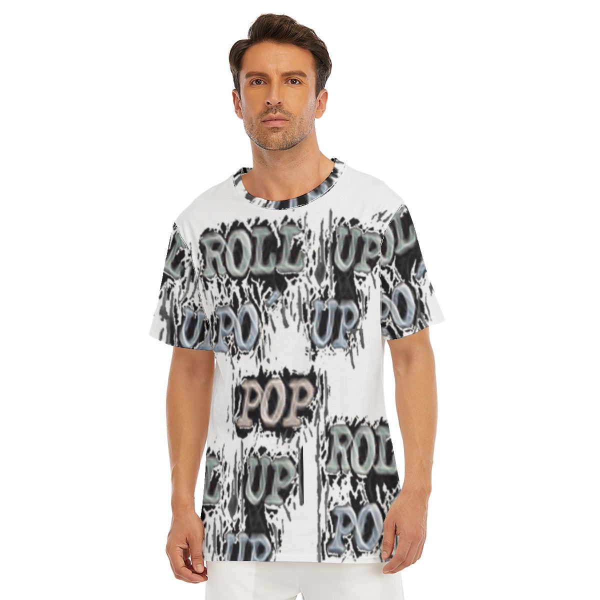 WHITE Roll Up Po' Up Pop Men's O-Neck T-Shirt | 100% Cotton - men's t-shirt at TFC&H Co.