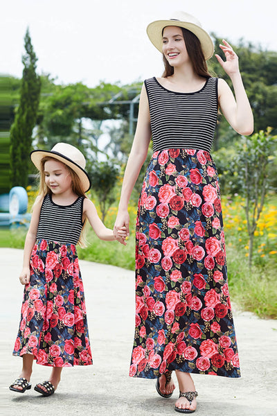 FLORAL - Women Striped Floral Spliced Dress - Mommy & Me - womens dress at TFC&H Co.