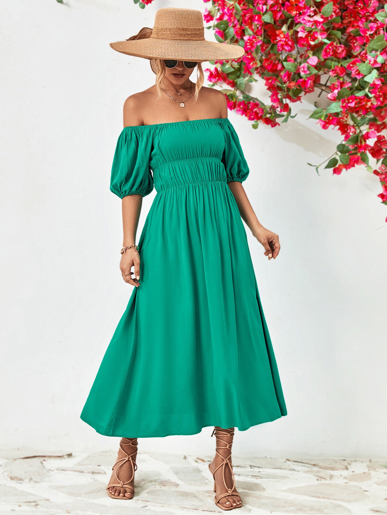 - Off-Shoulder Balloon Sleeve Midi Dress - colors - womens dress at TFC&H Co.