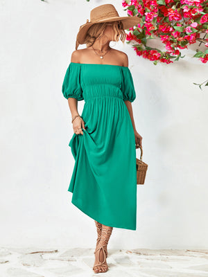 - Off-Shoulder Balloon Sleeve Midi Dress - colors - womens dress at TFC&H Co.