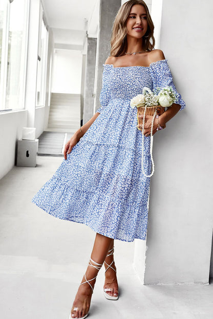 COBALT BLUE Ditsy Floral Off-Shoulder Smocked Midi Dress - 3 colors - women's dress at TFC&H Co.
