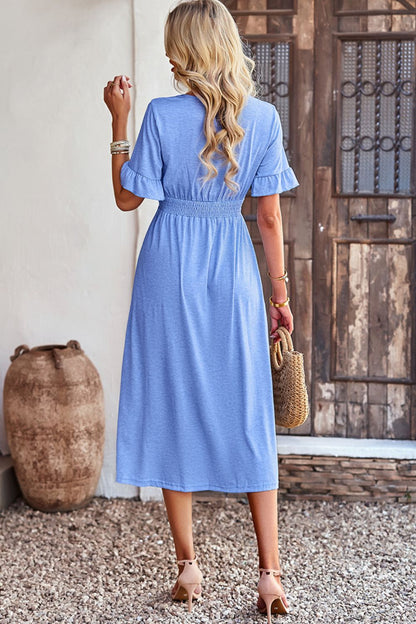 Gathered Detail Buttoned V-Neck Midi Dress - 4 colors - Women's Midi Dresses at TFC&H Co.