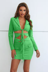 MID GREEN Cutout Tied Blazer and Skirt Set - women's skirt set at TFC&H Co.