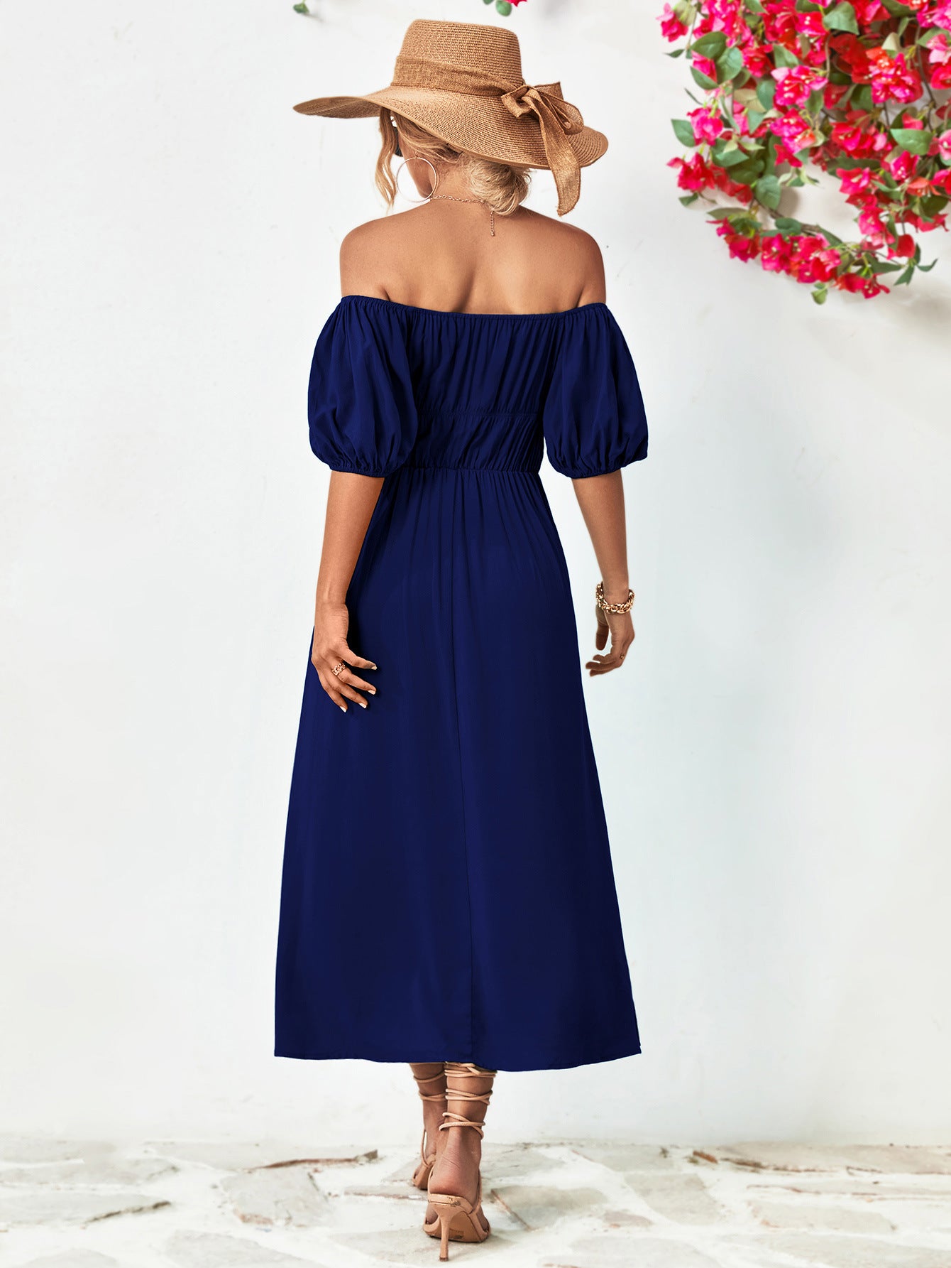 - Off-Shoulder Balloon Sleeve Midi Dress - colors - womens dress at TFC&H Co.