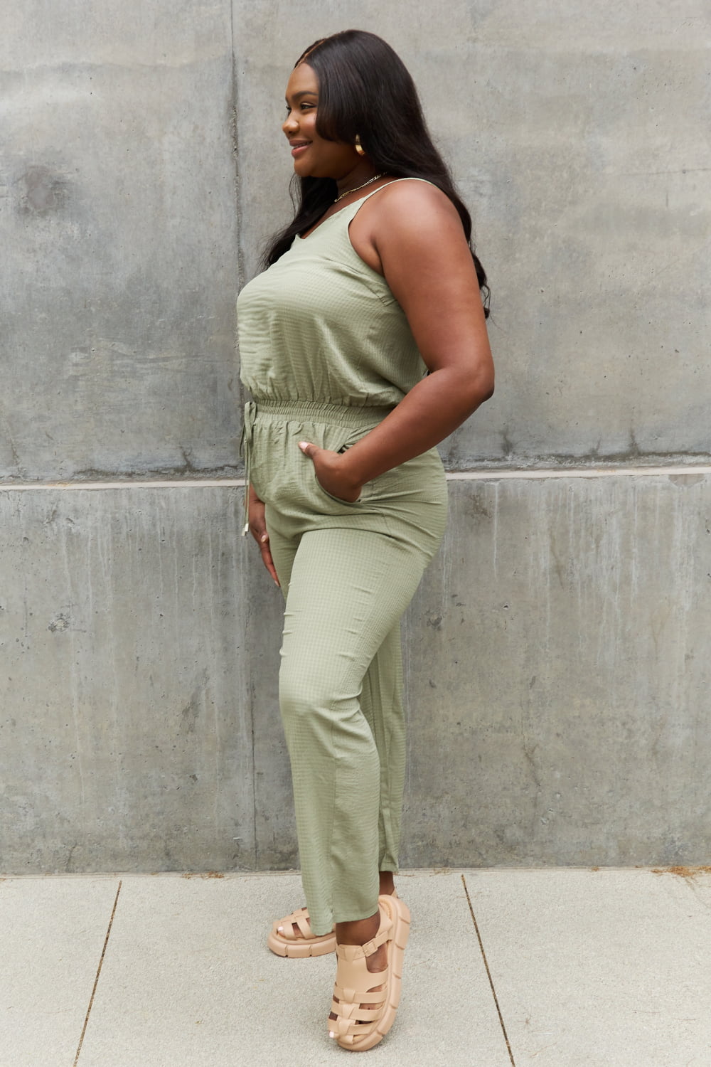 - ODDI Full Size Textured Woven Jumpsuit in Sage - Ships from The USA - womens jumpsuit at TFC&H Co.