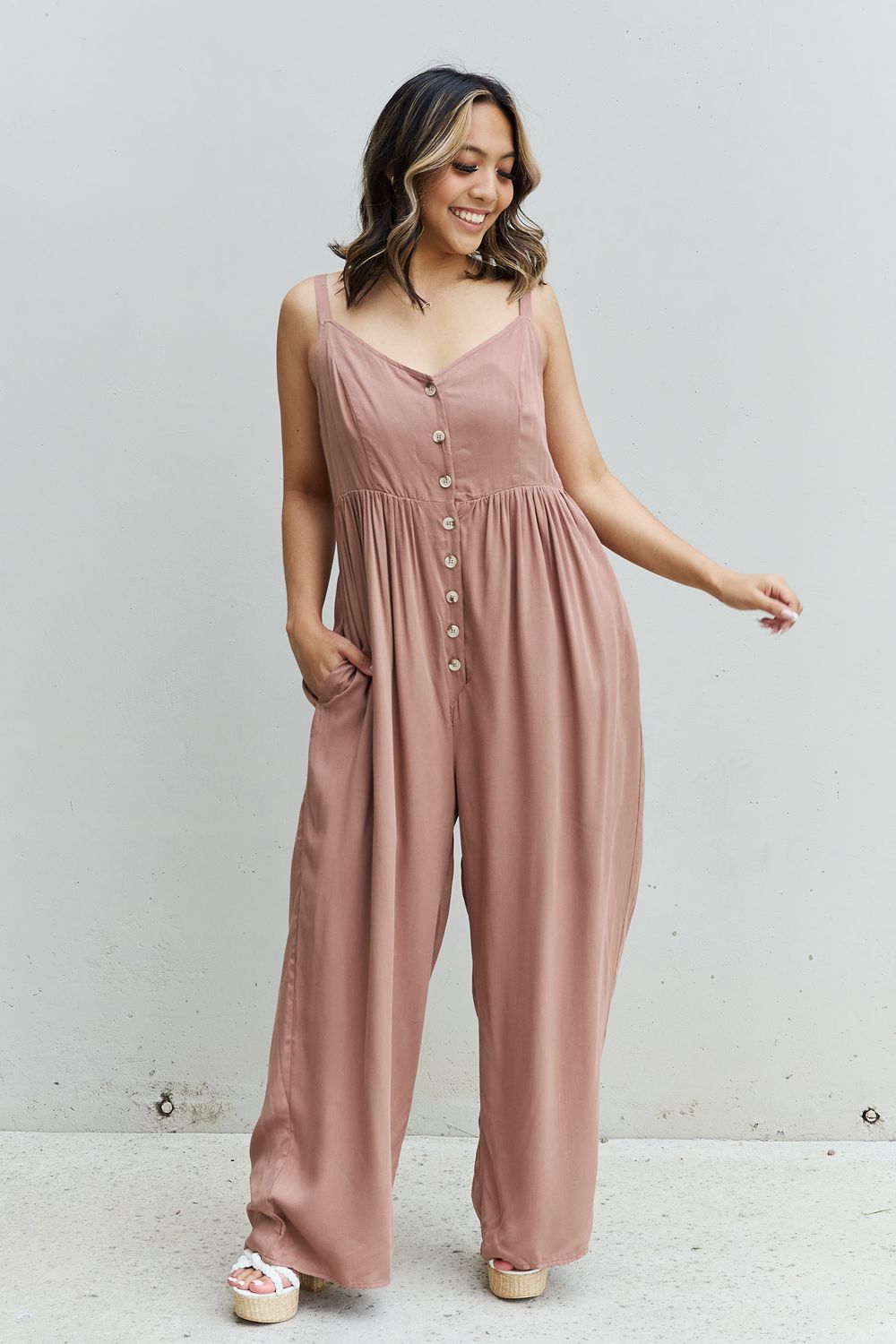 - HEYSON All Day Full Size Wide Leg Button Down Jumpsuit in Mocha - Ships from The USA - womens jumpsuit at TFC&H Co.