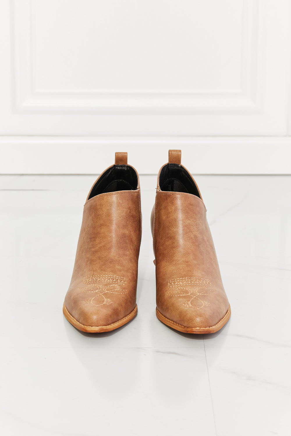 - MMShoes Trust Yourself Embroidered Crossover Cowboy Bootie in Caramel - Ships from The US - womens booties at TFC&H Co.