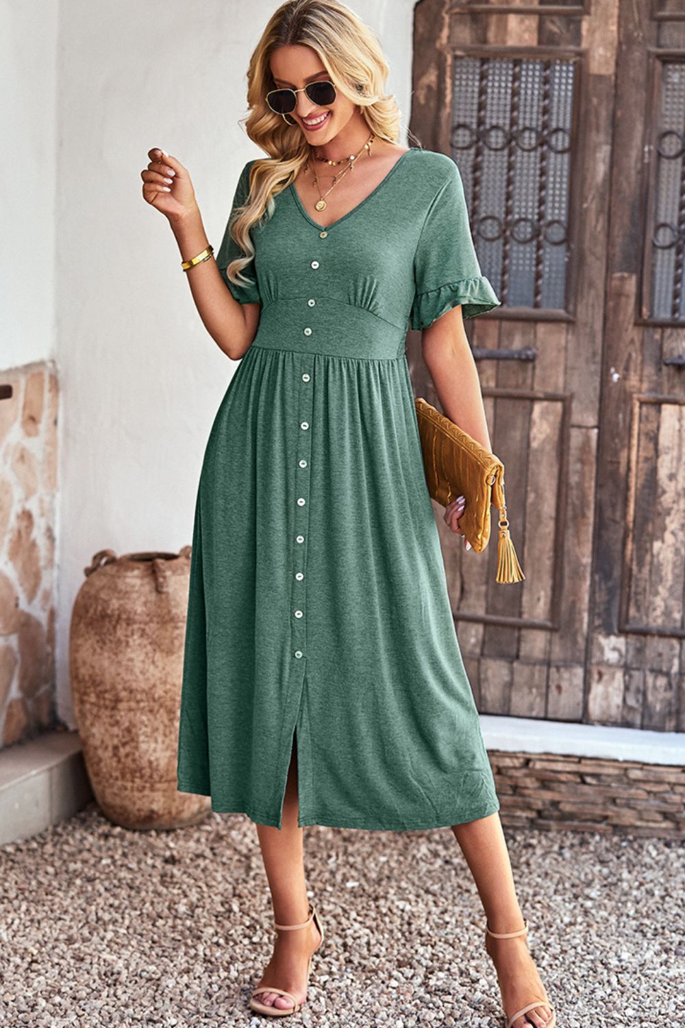MID GREEN Gathered Detail Buttoned V-Neck Midi Dress - 4 colors - Women's Midi Dresses at TFC&H Co.