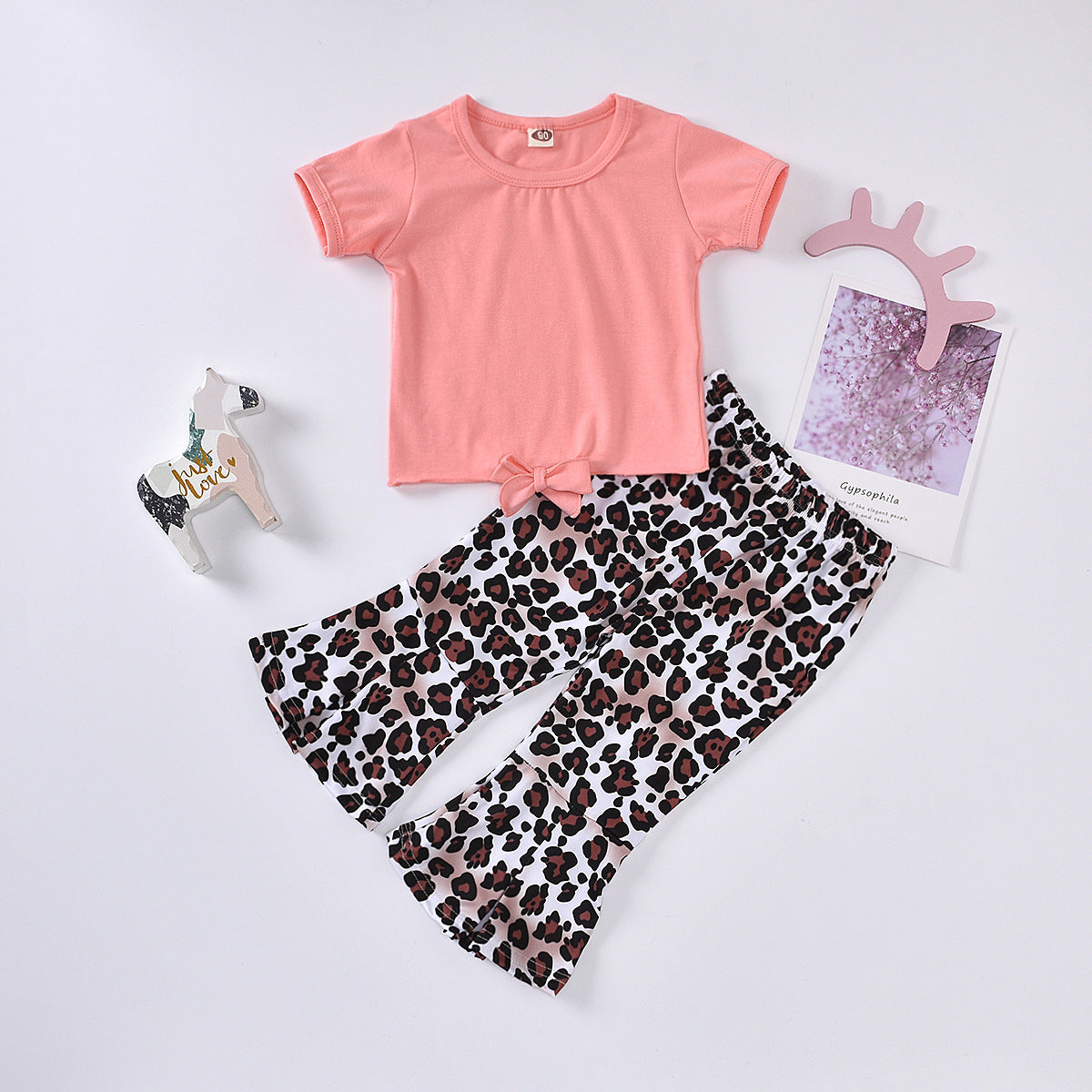 CORAL - Girls Bow Detail Top and Leopard Flare Pants Set - toddlers pants set at TFC&H Co.