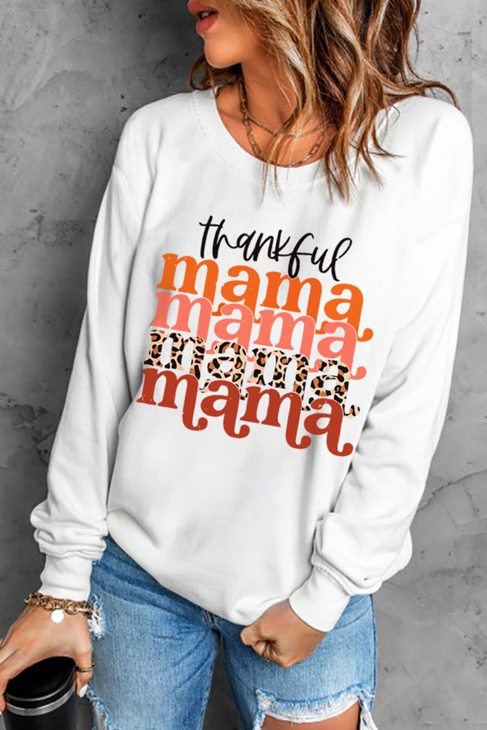 WHITE THANKFUL MAMA Graphic Dropped Shoulder Round Neck Sweatshirt - women's sweatshirt at TFC&H Co.