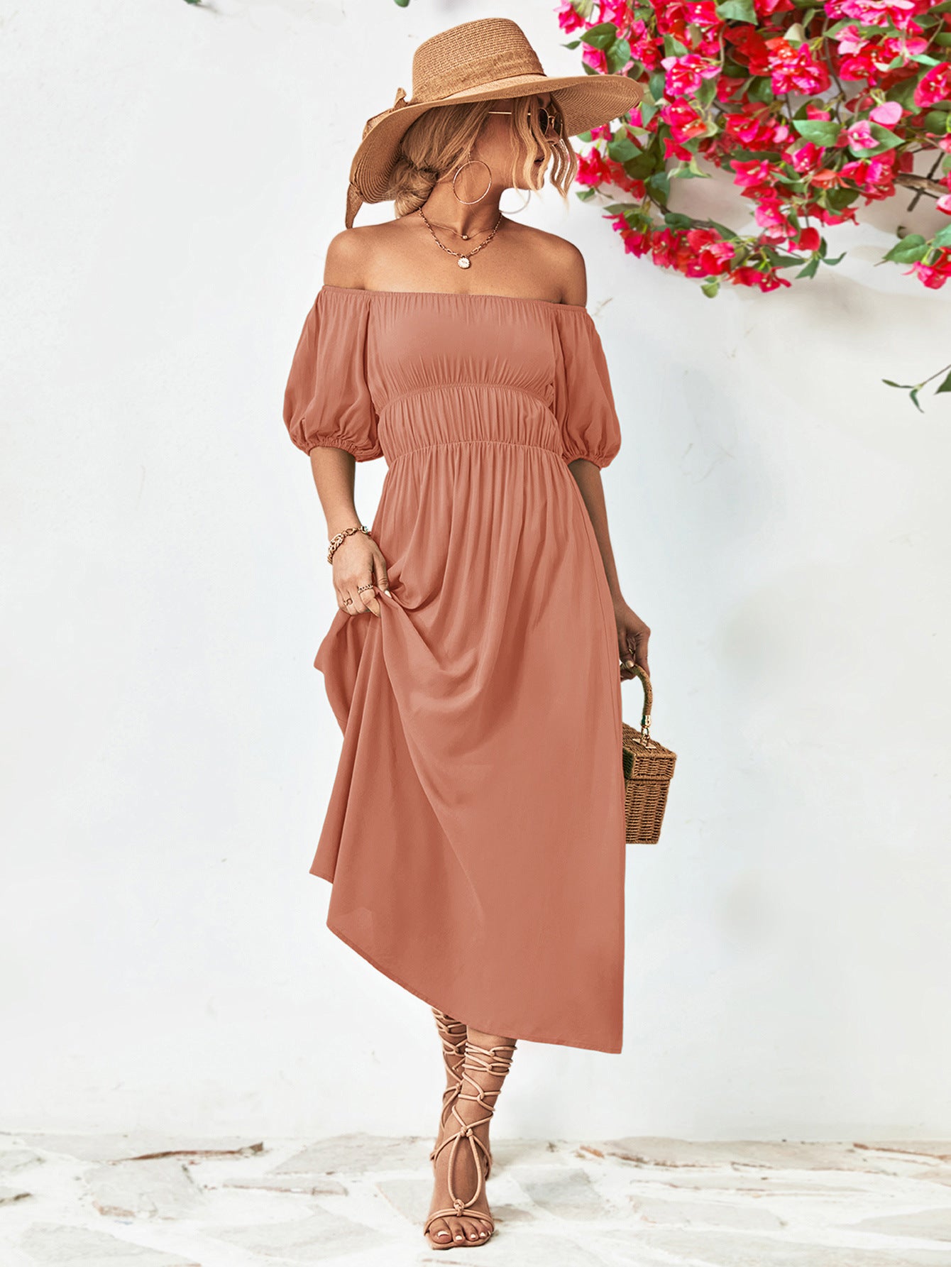 - Off-Shoulder Balloon Sleeve Midi Dress - colors - womens dress at TFC&H Co.