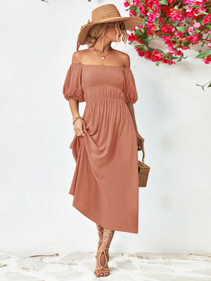 - Off-Shoulder Balloon Sleeve Midi Dress - colors - womens dress at TFC&H Co.