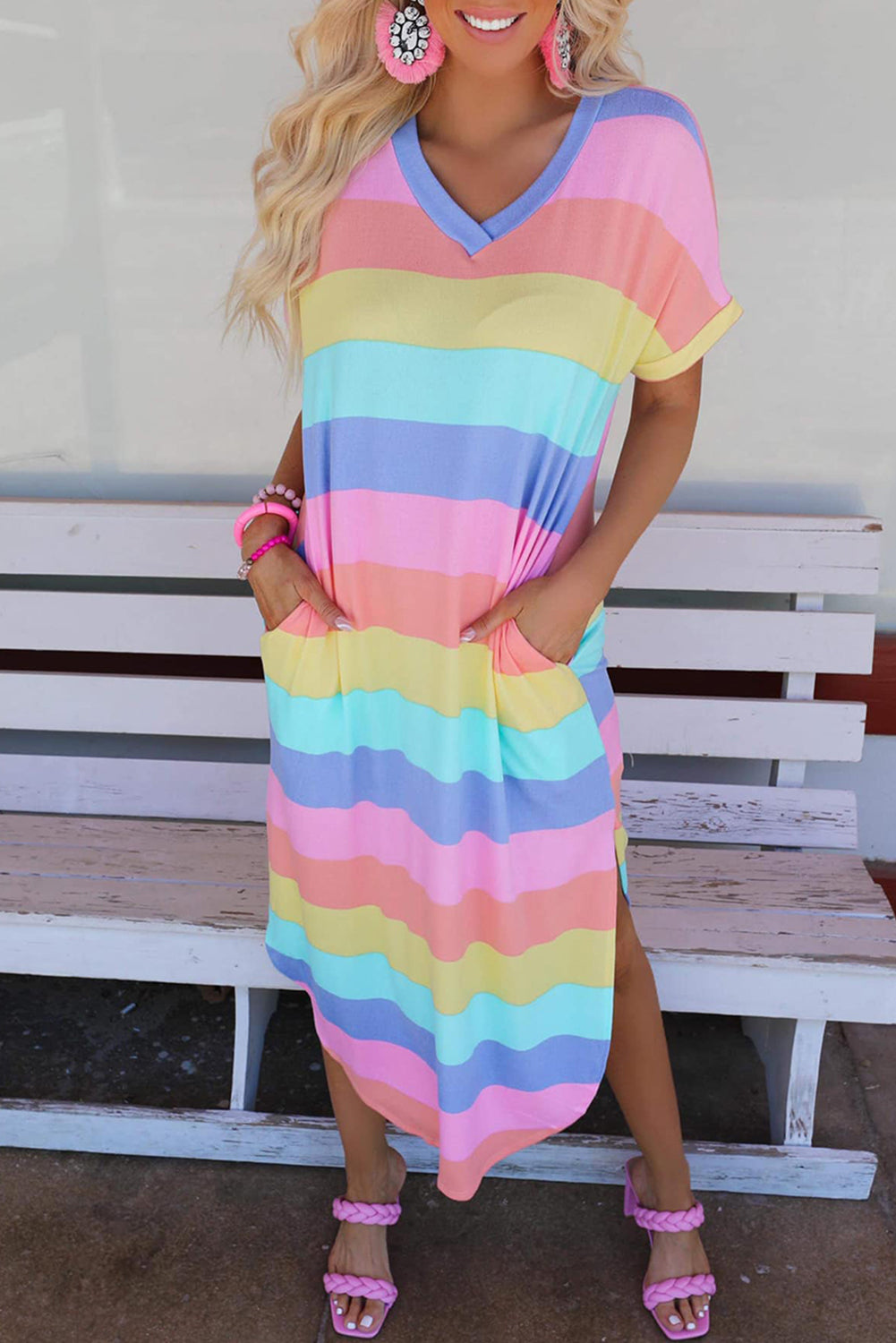 MULTICOLOR - Multicolor Striped Side Split Pockets V Neck Maxi Shirt Dress - Womens Maxi Dresses at TFC&H Co.