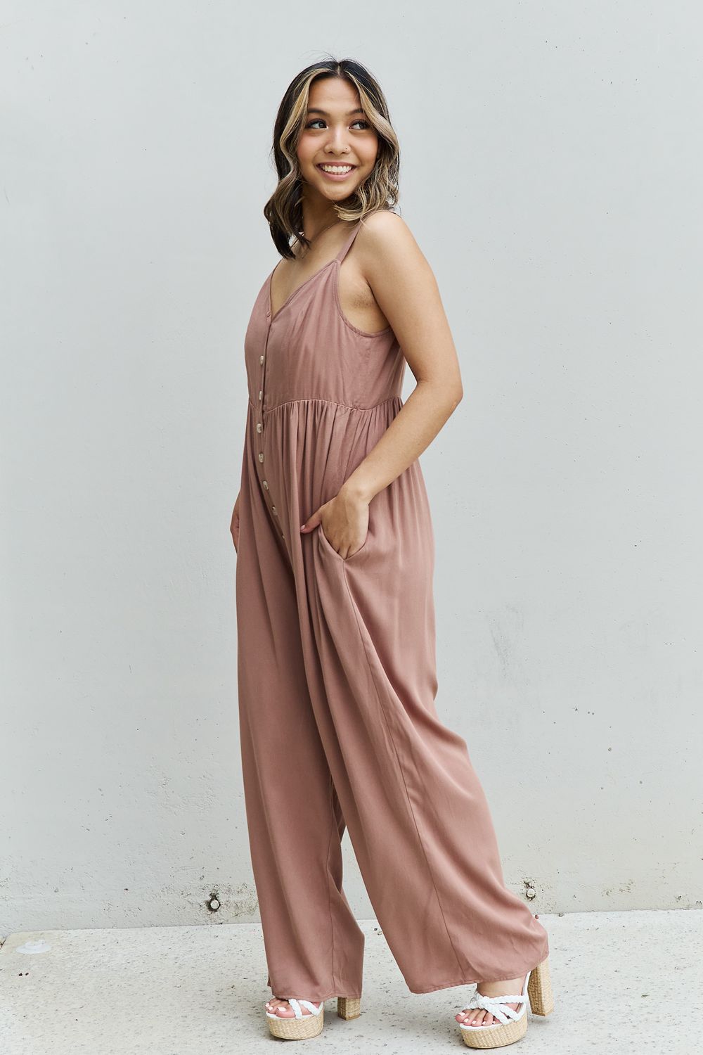 - HEYSON All Day Full Size Wide Leg Button Down Jumpsuit in Mocha - Ships from The USA - womens jumpsuit at TFC&H Co.